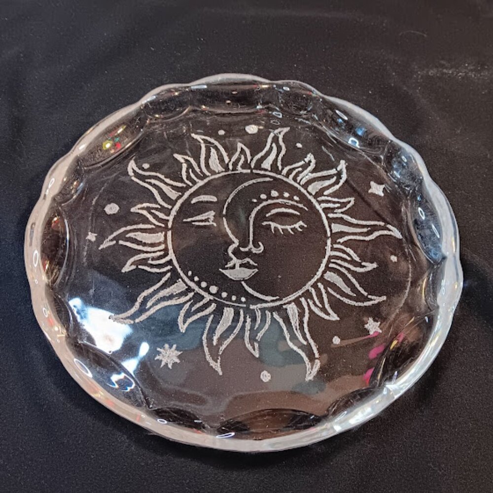 7 inch etched art glass dish sun and moon